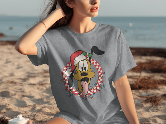 Cartoon Dog with Santa Hat Grey Shirt for Holidays