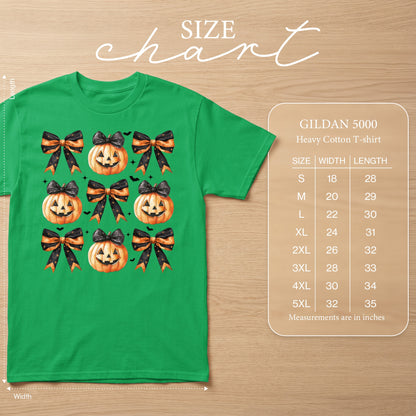 Green t-shirt with Halloween pumpkins and bows pattern, size chart displayed.