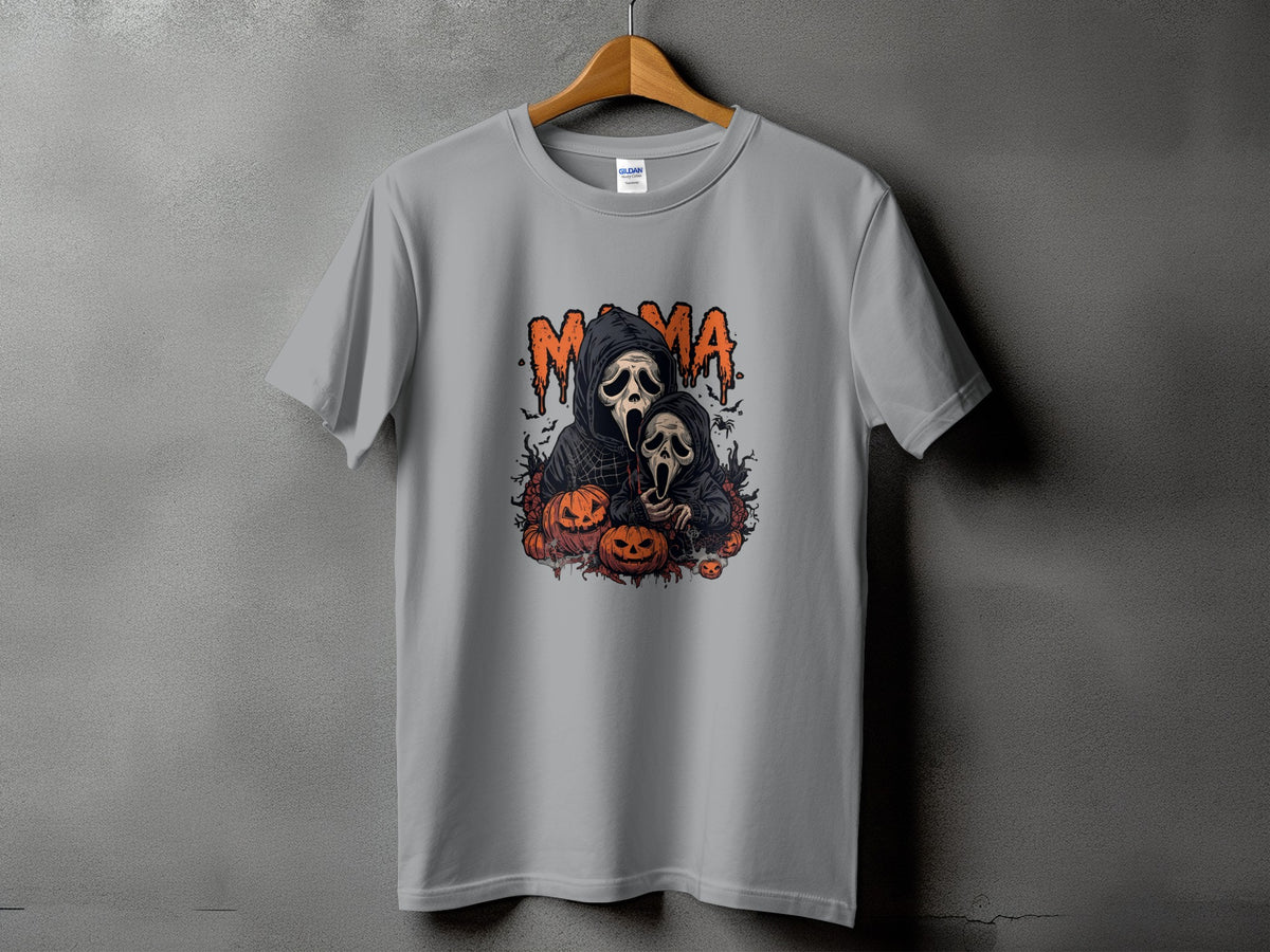 Grey t-shirt with "Mama" text and screaming ghost figures surrounded by pumpkins.