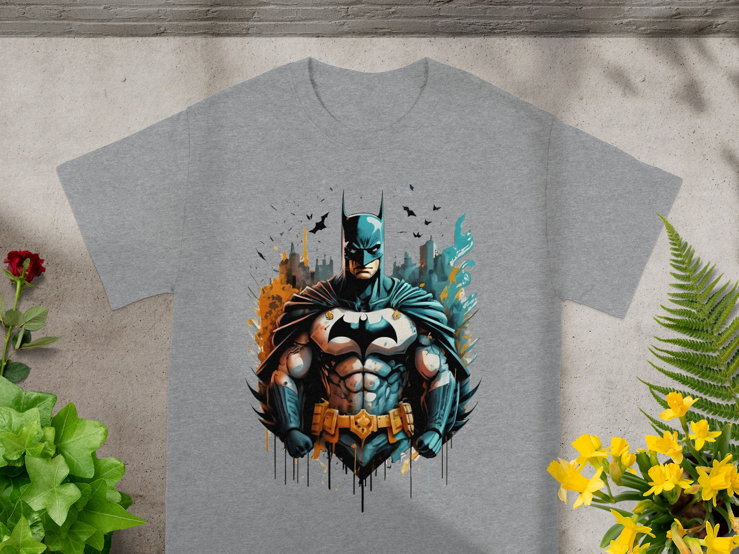 Batman graphic t-shirt with cityscape background.