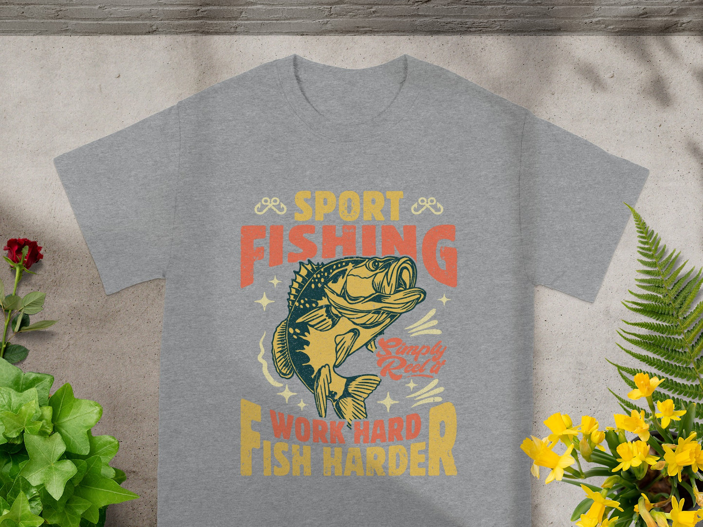 Grey t-shirt with "Sport Fishing" and "Work Hard Fish Harder" text and a fish graphic.