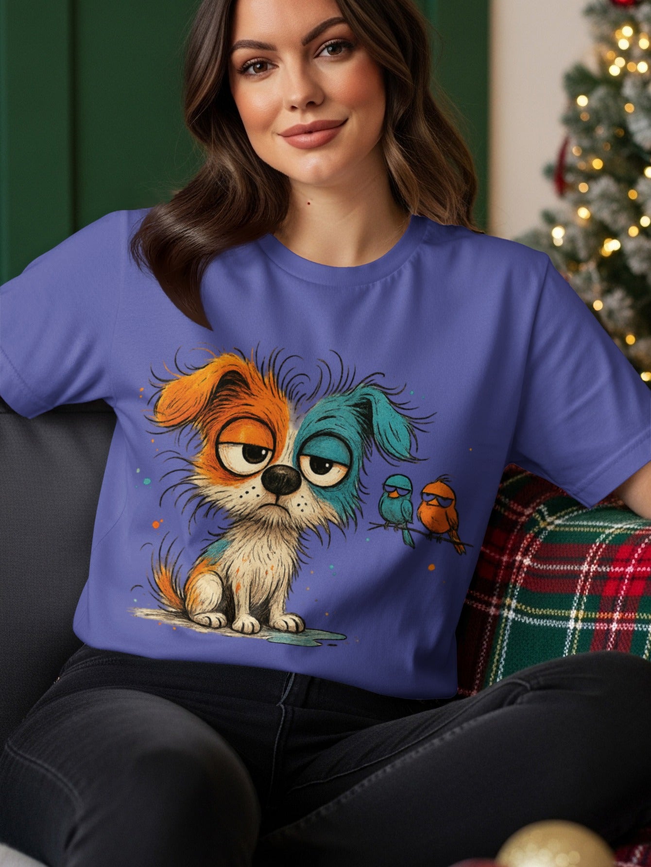 Cartoon dog with two small birds on a purple t-shirt.