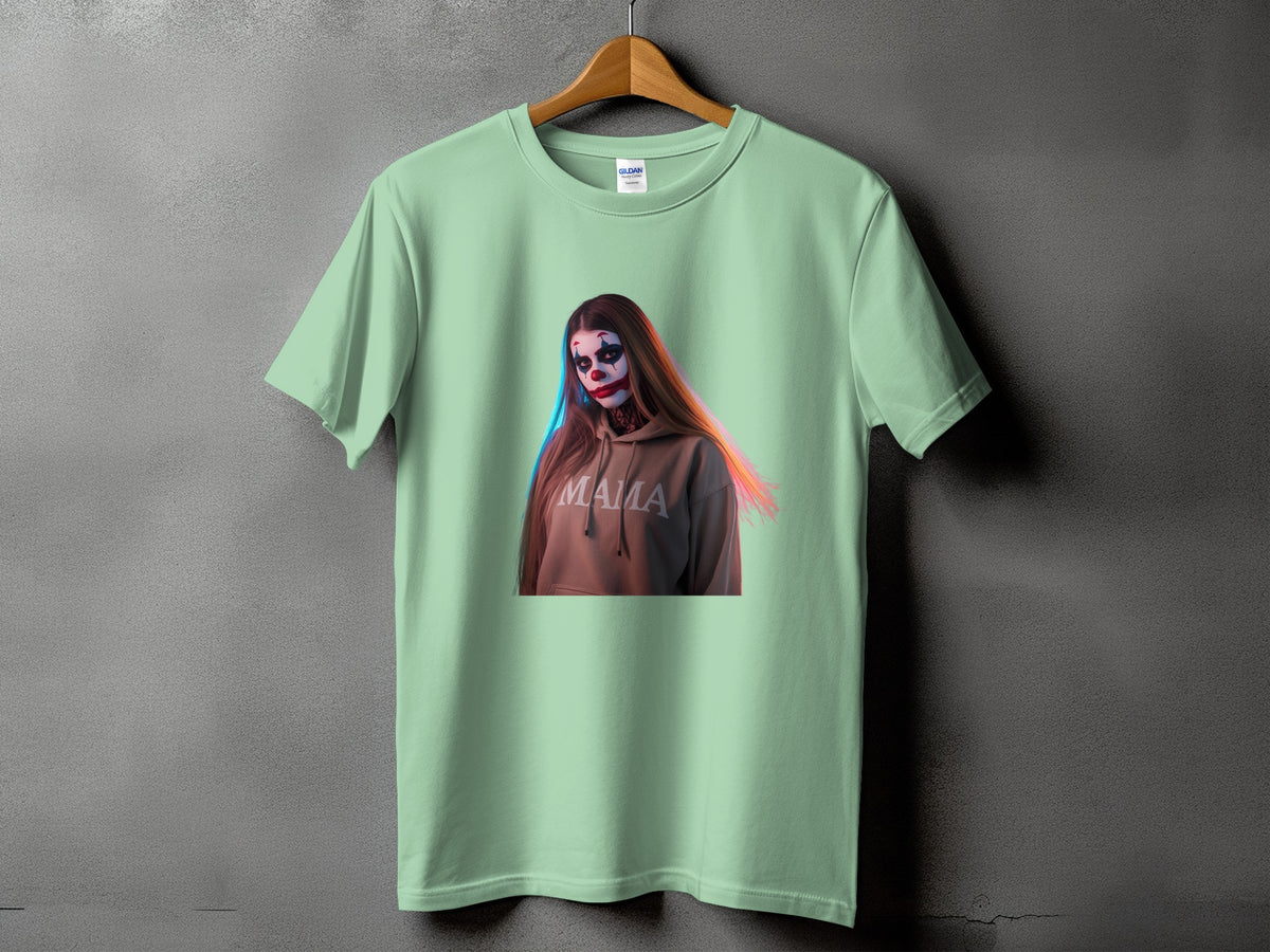 Light green t-shirt with a graphic of a woman in clown makeup and a hoodie that says "Mama".