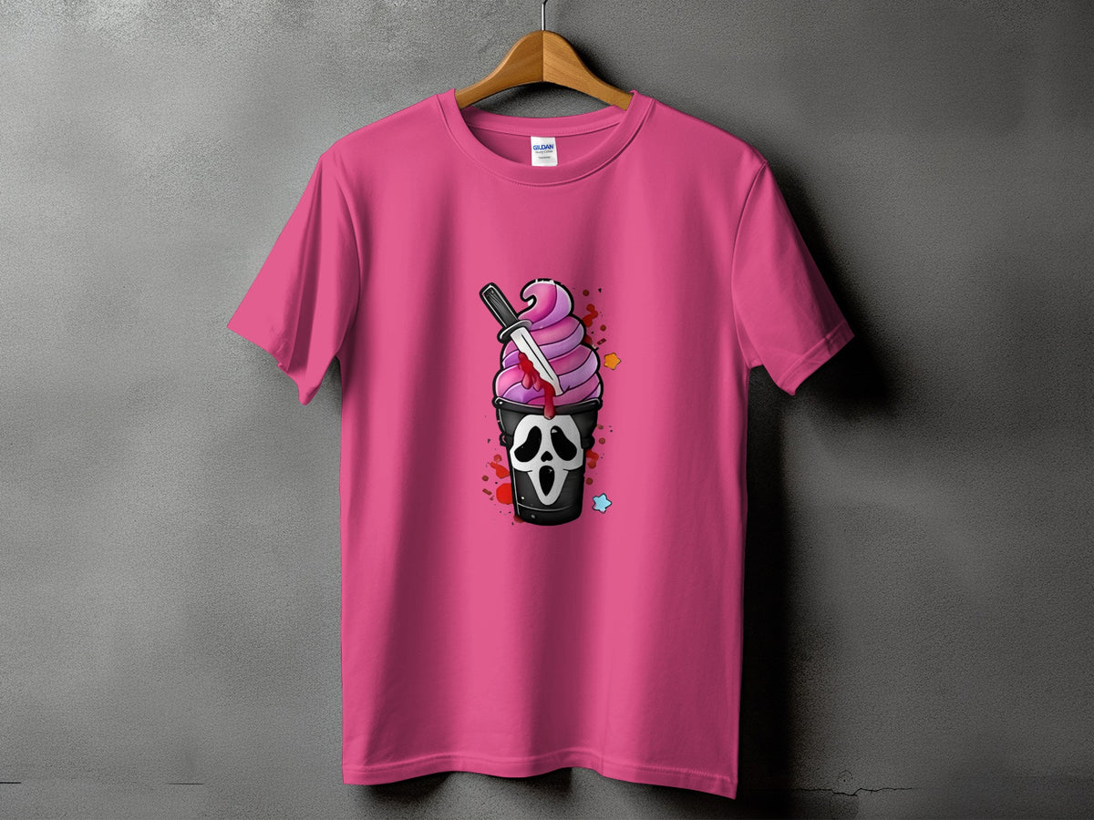 Pink t-shirt with ghost ice cream and knife graphic.