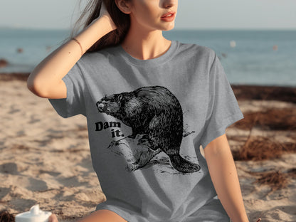 Funny Beaver Graphic Dam It Beach Wear Shirt