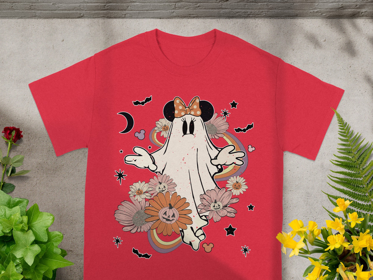 Red t-shirt with Minnie Mouse ghost and Halloween floral design.
