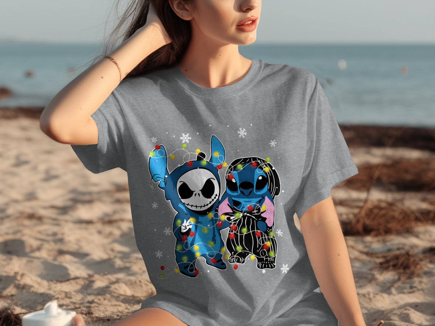 Cute Stitch and Skeleton Print T-shirt for Casual Wear