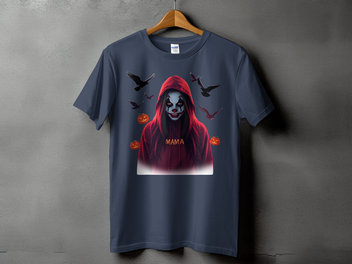 Dark gray t-shirt with a clown graphic, pumpkins, and crows, and "Mama" text.