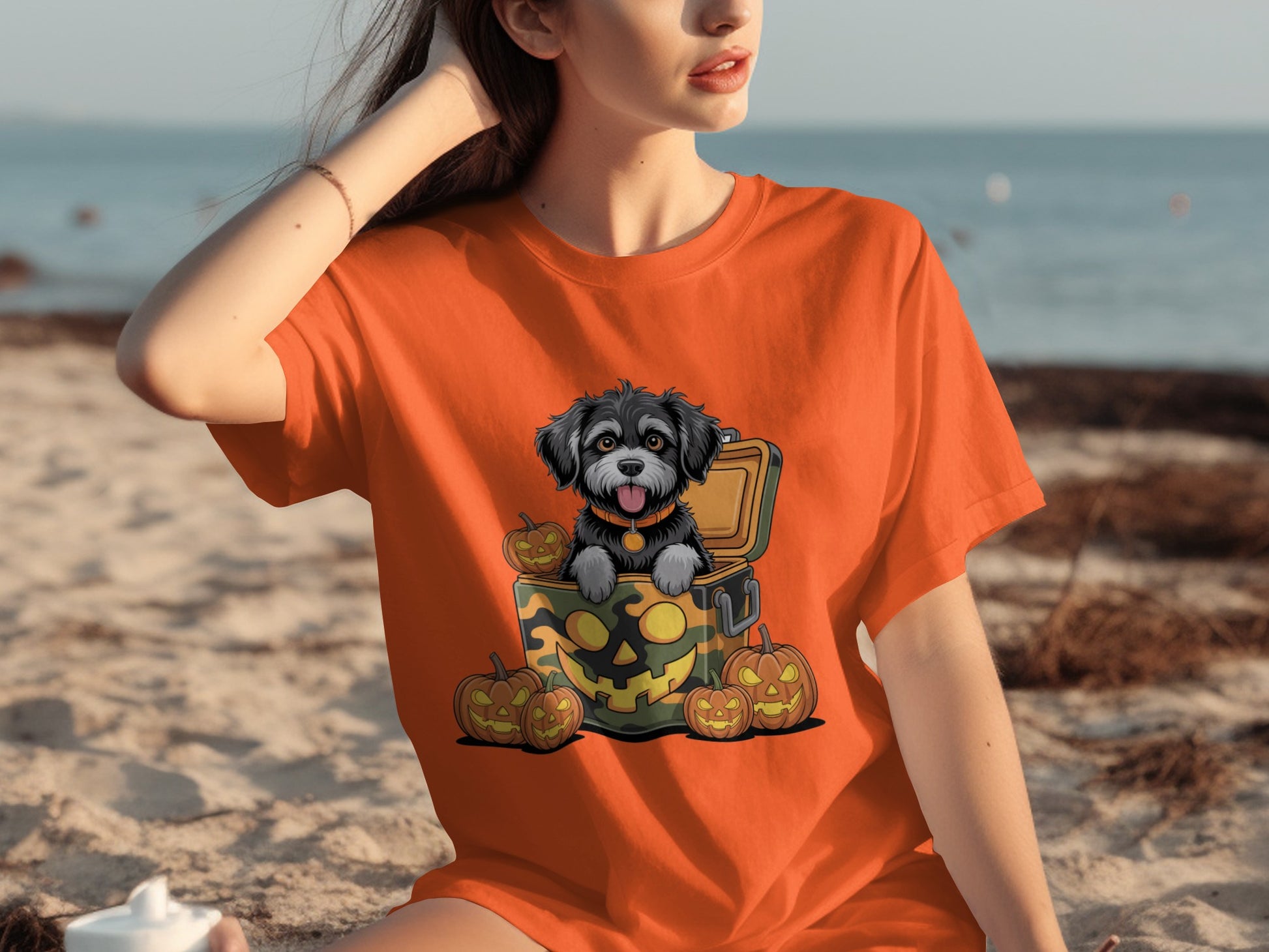 Halloween Puppy with Pumpkins Design Tee for Halloween Fun