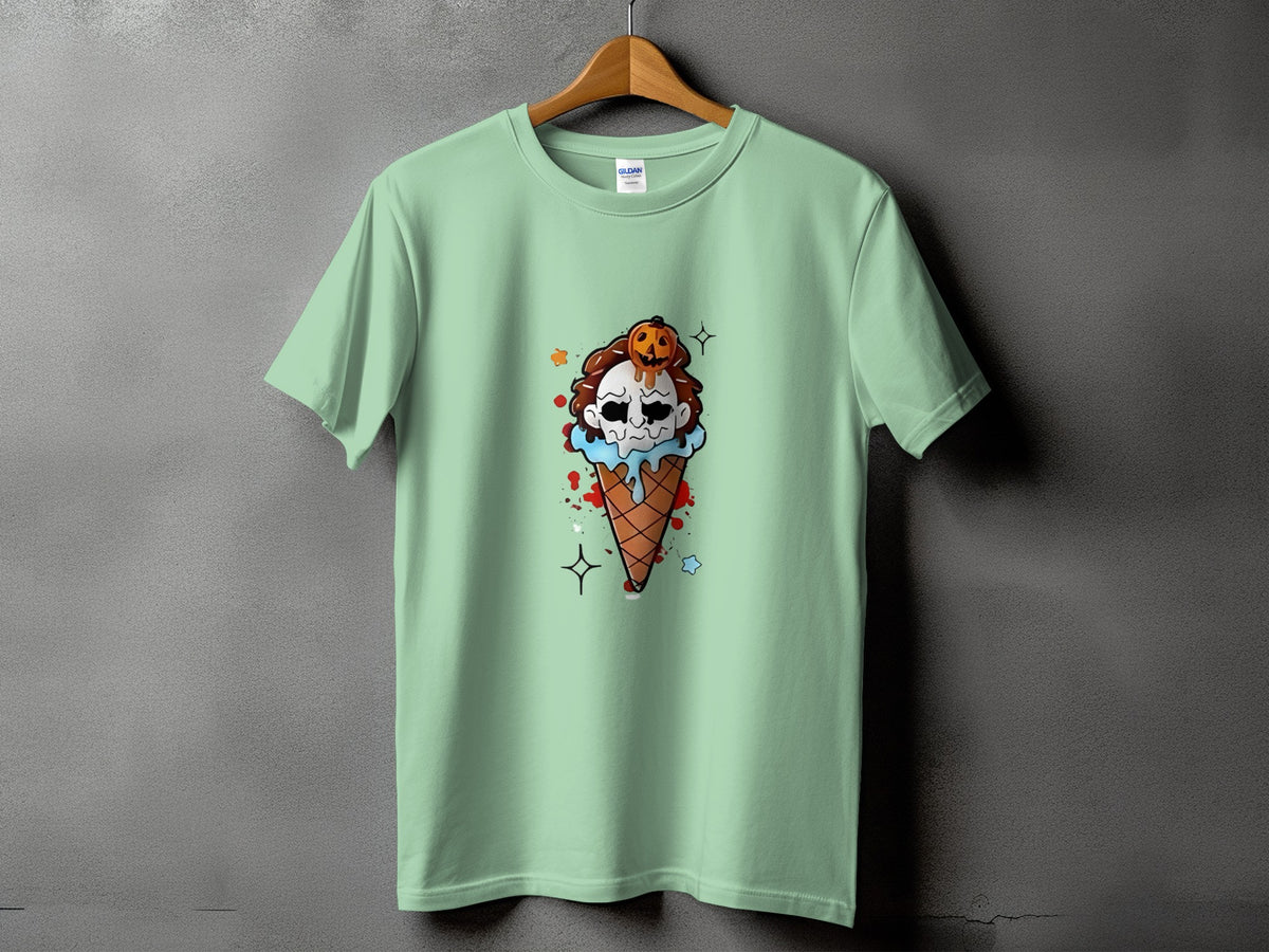 Mint green t-shirt with a spooky ice cream cone graphic featuring a skull and pumpkin.