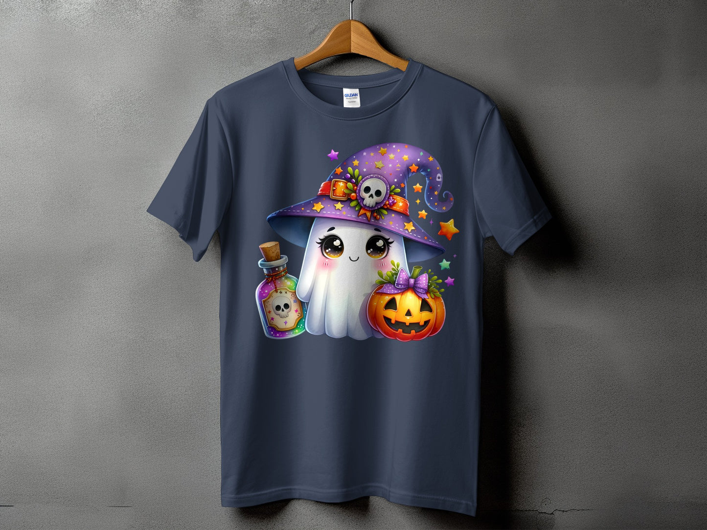 A ghost in a witch hat with a pumpkin and potion bottle on a t-shirt.