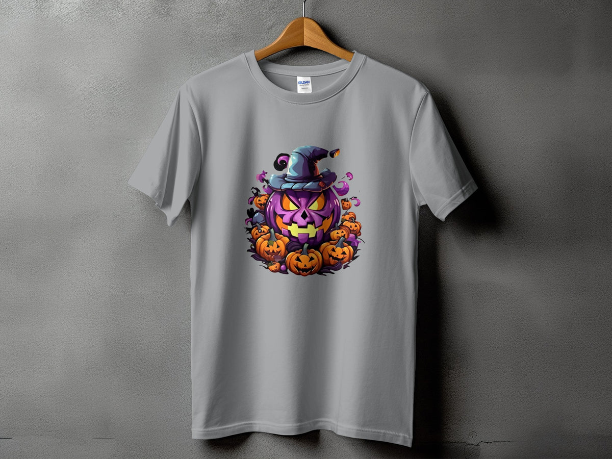 Gray t-shirt with a Halloween pumpkin graphic featuring a large purple pumpkin wearing a witch hat.