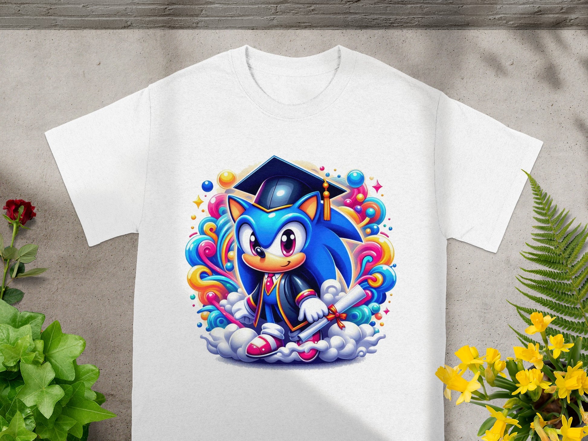 Sonic the Hedgehog in graduation cap and gown holding diploma.
