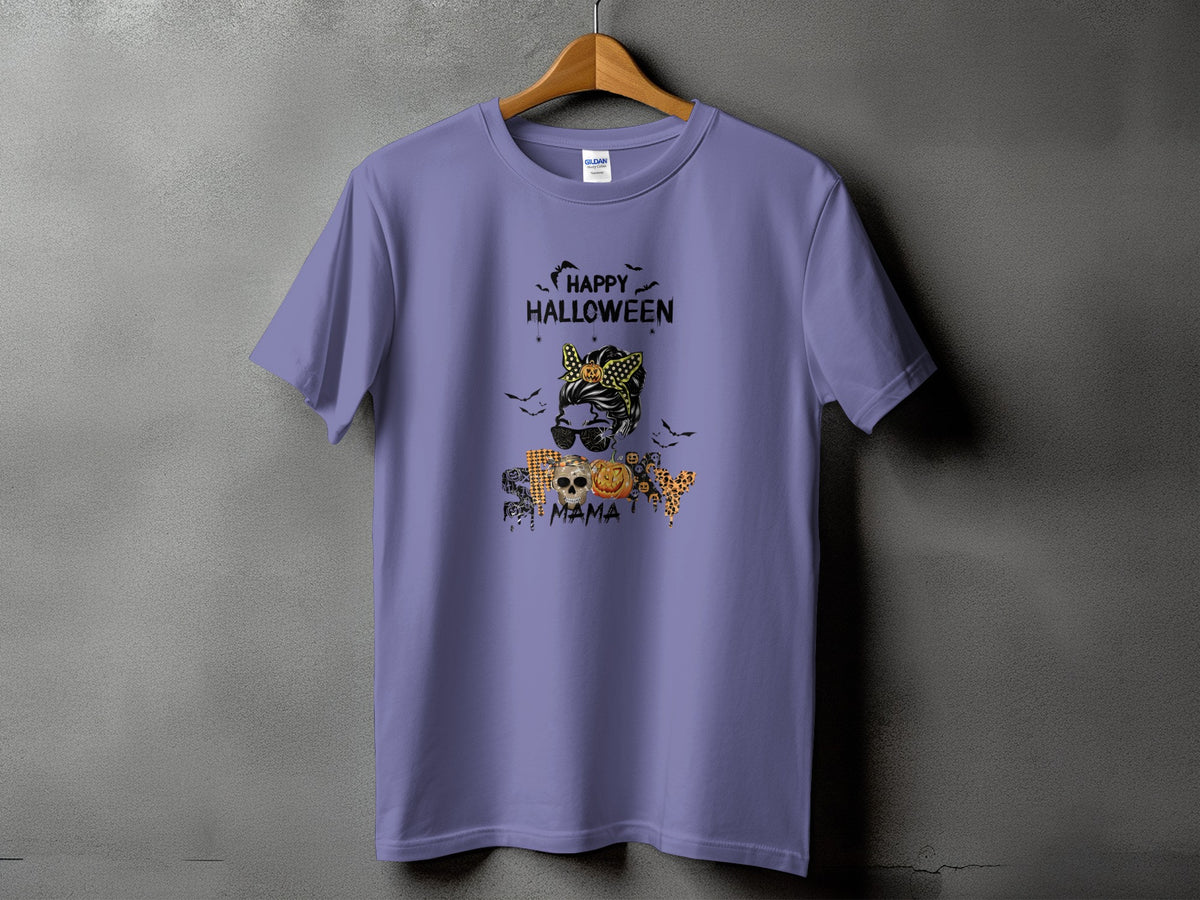 Purple t-shirt with "Happy Halloween" and "Spooky Mama" graphic featuring skulls and pumpkins.
