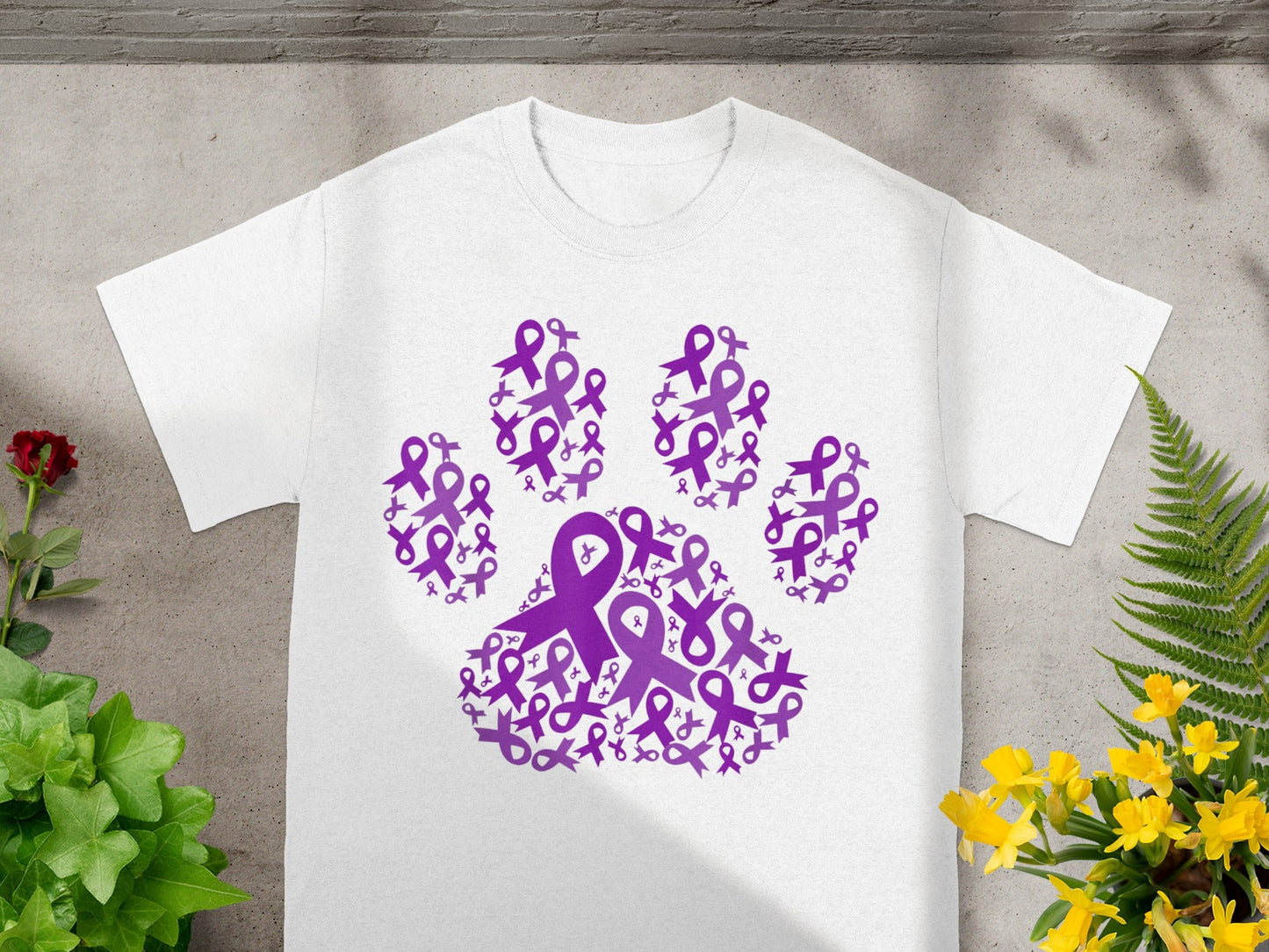Purple Ribbon Paw Print Design on White T-Shirt