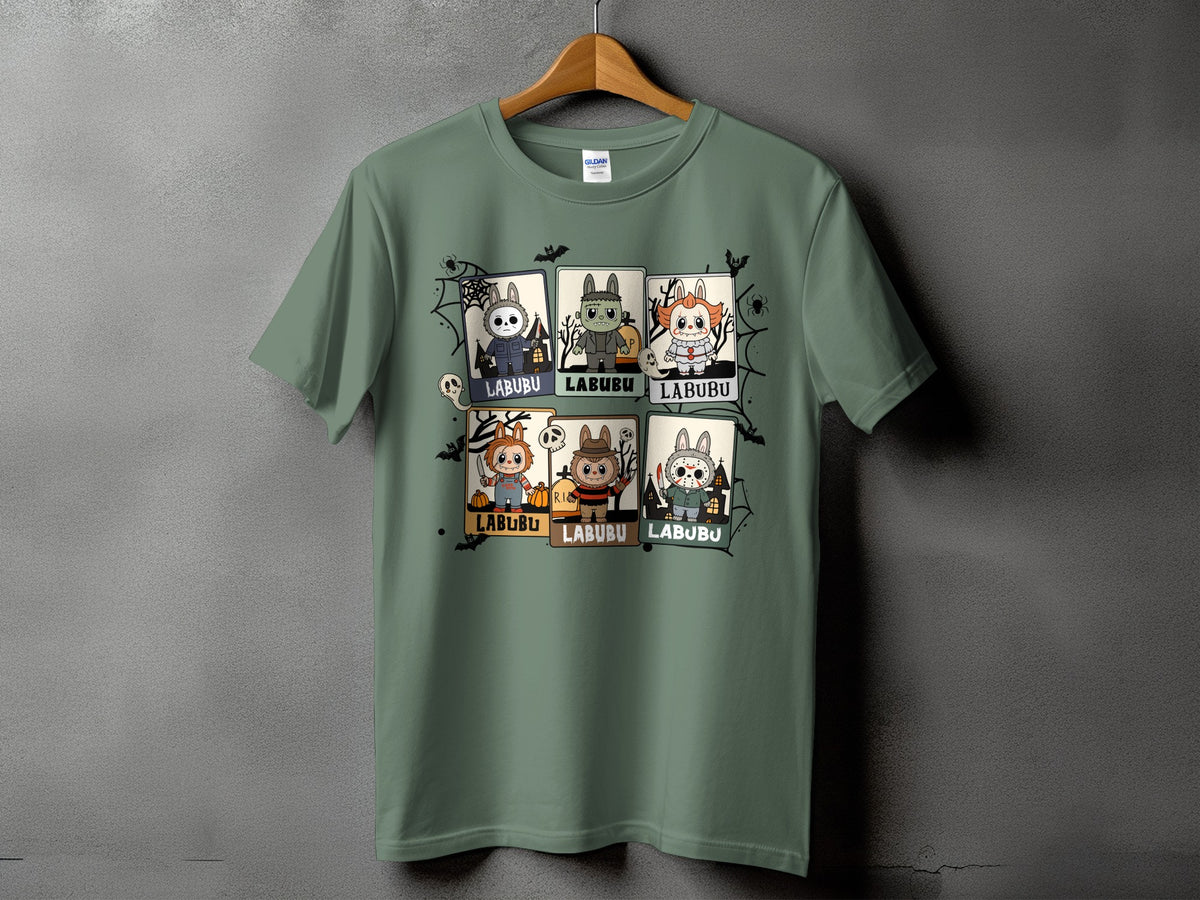 Green t-shirt with six cartoon Halloween characters, each labeled "LABUBU".