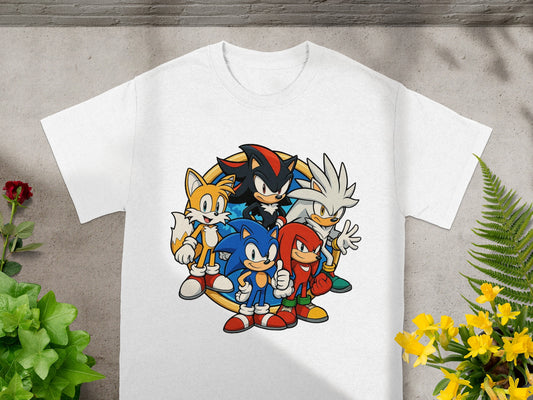 White t-shirt with Sonic, Tails, Knuckles, and Shadow characters.