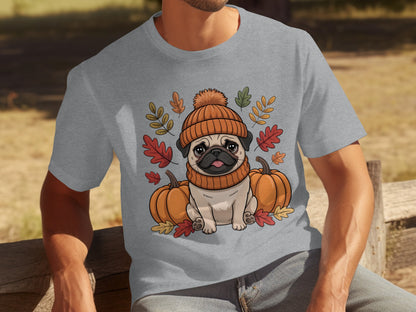 Cute Fall Pug in Sweater with Pumpkins T-shirt