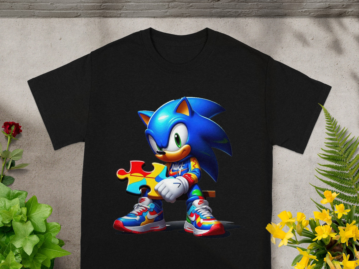 Black t-shirt featuring Sonic the Hedgehog holding a puzzle piece.