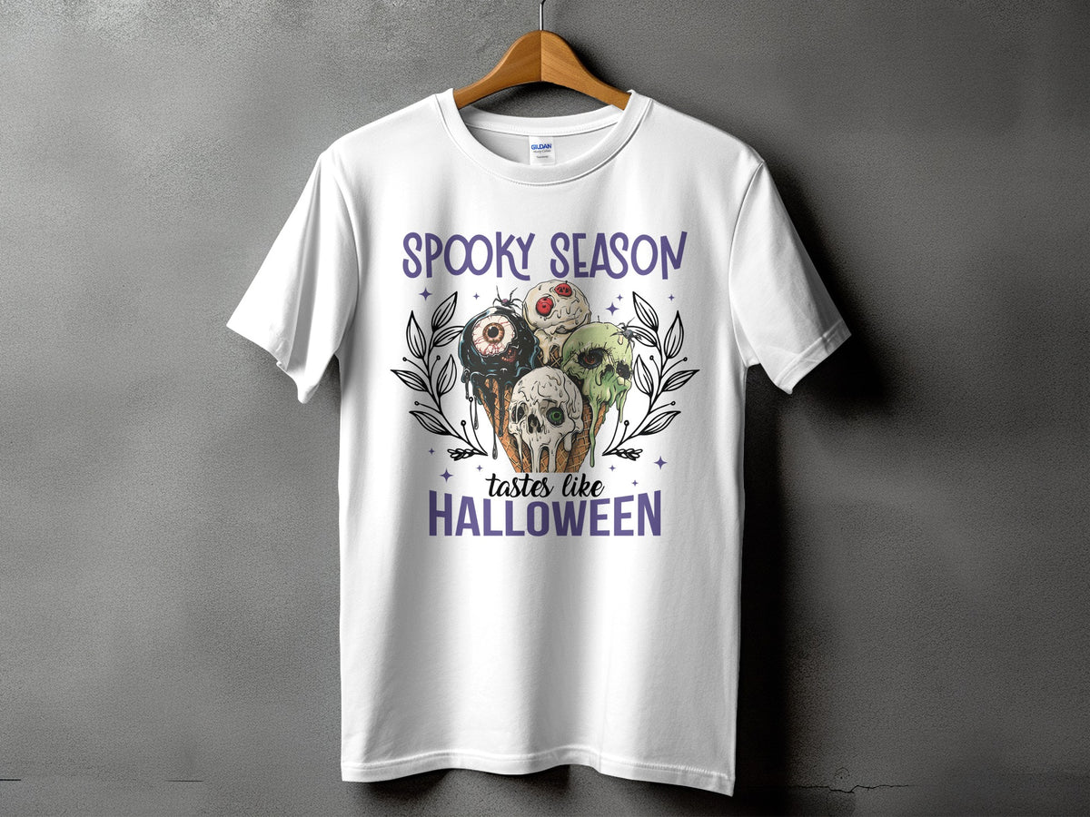 White t-shirt with spooky Halloween ice cream cones and text.