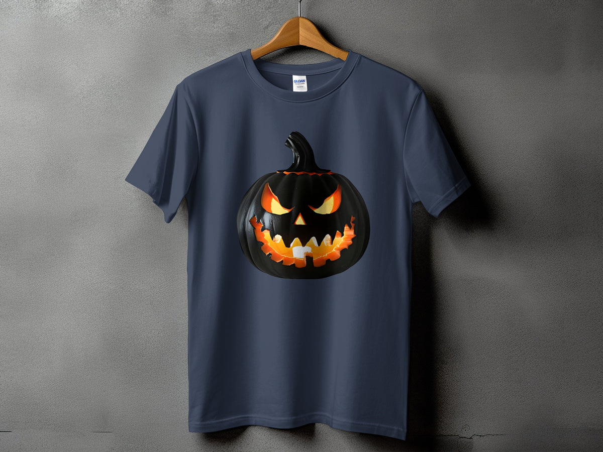 Dark t-shirt with a glowing, sinister jack-o'-lantern graphic.