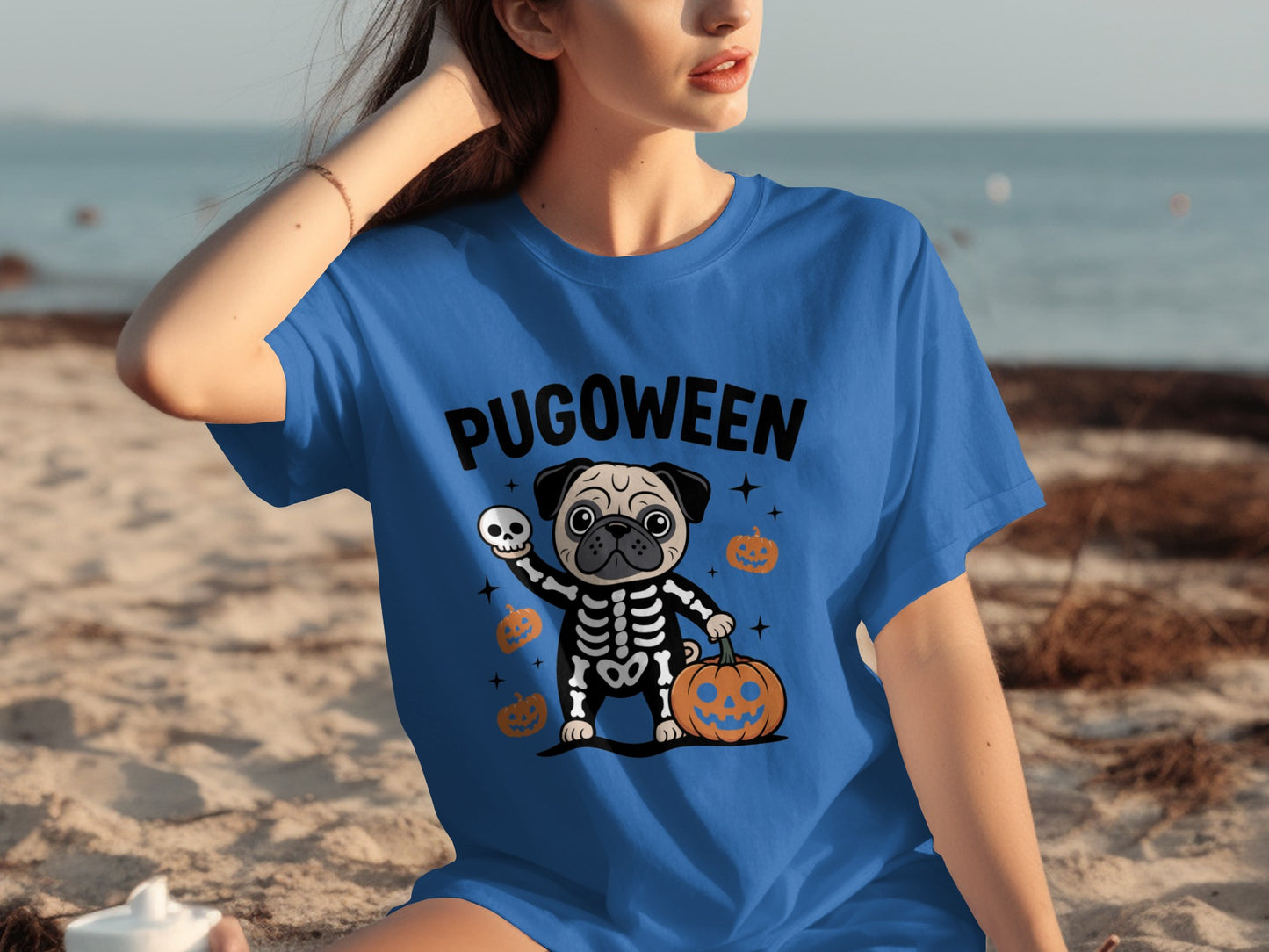 Pugoween Skeleton Pug Halloween Themed T-Shirt