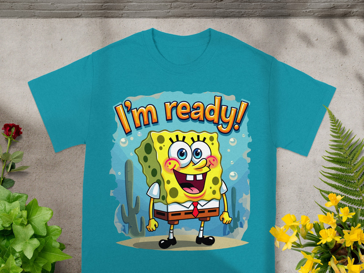 SpongeBob SquarePants on a teal t-shirt with "I'm ready!" text.