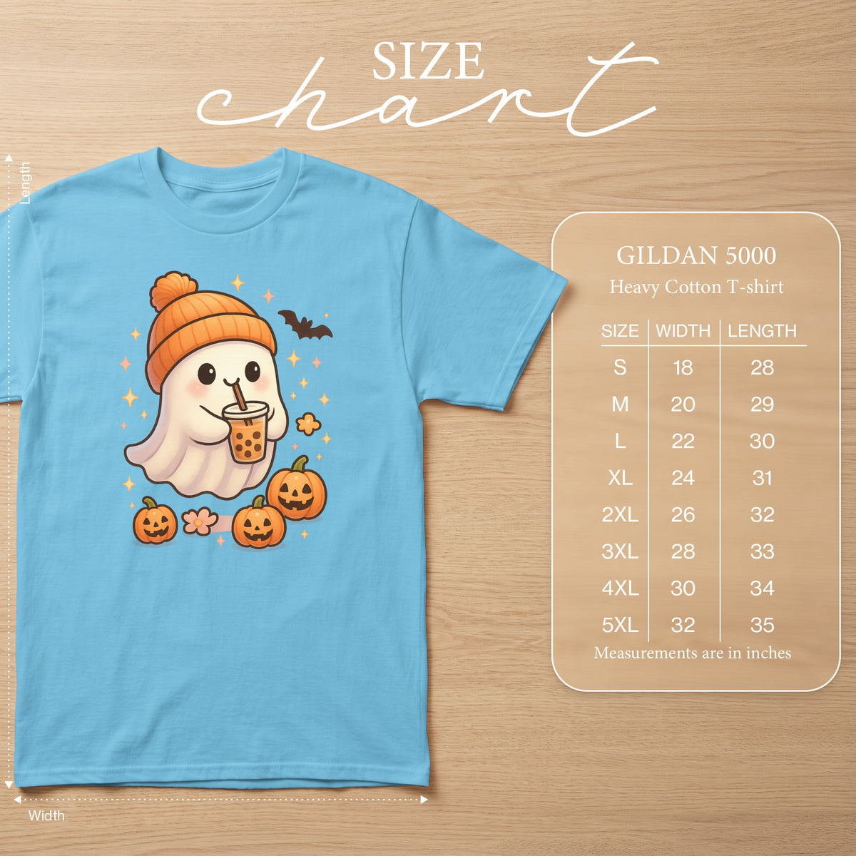 Light blue Gildan 5000 t-shirt with a cartoon ghost drinking boba, pumpkins, and a bat.