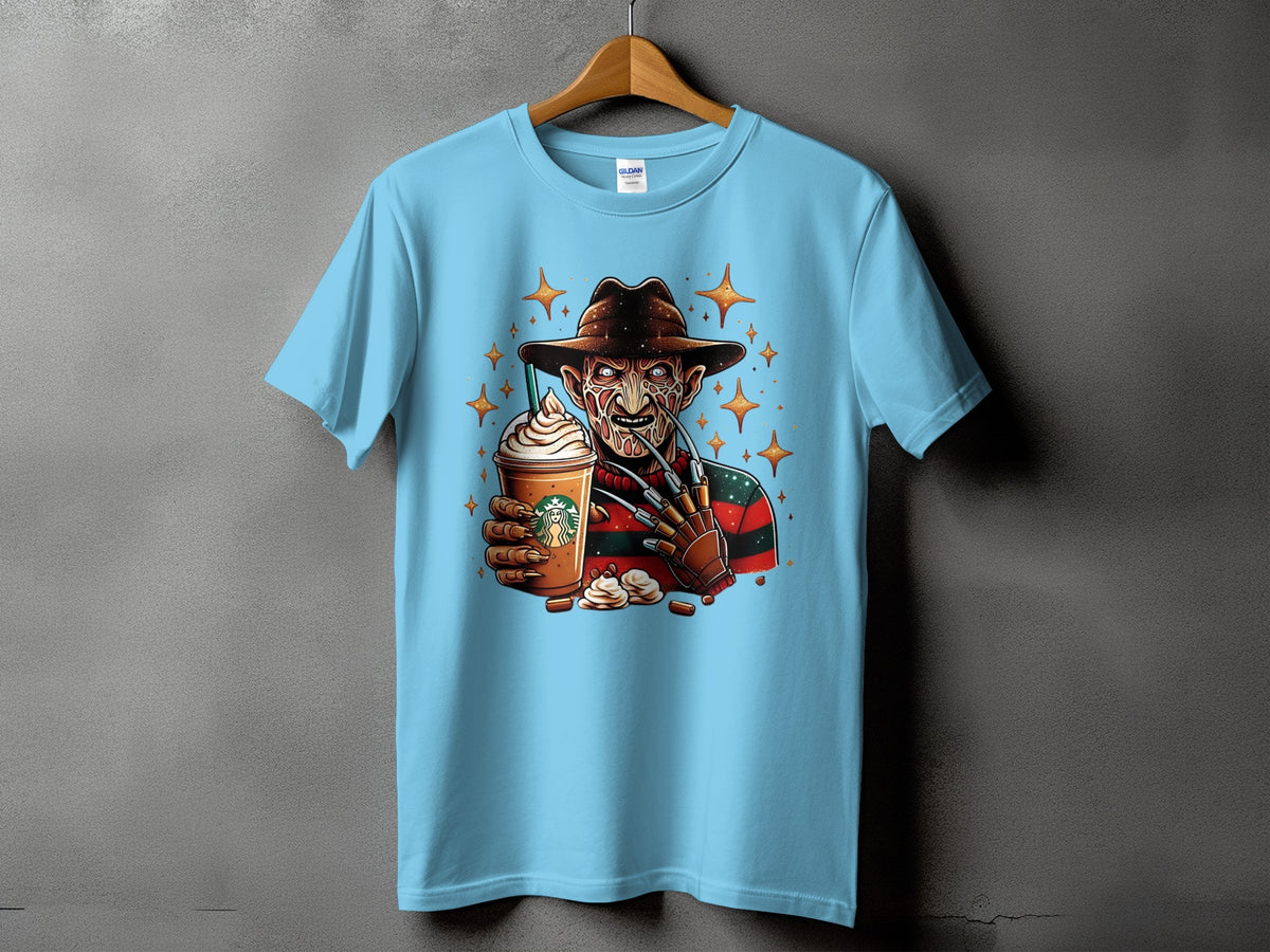 Light blue t-shirt featuring Freddy Krueger holding a Starbucks Frappuccino with star accents.
