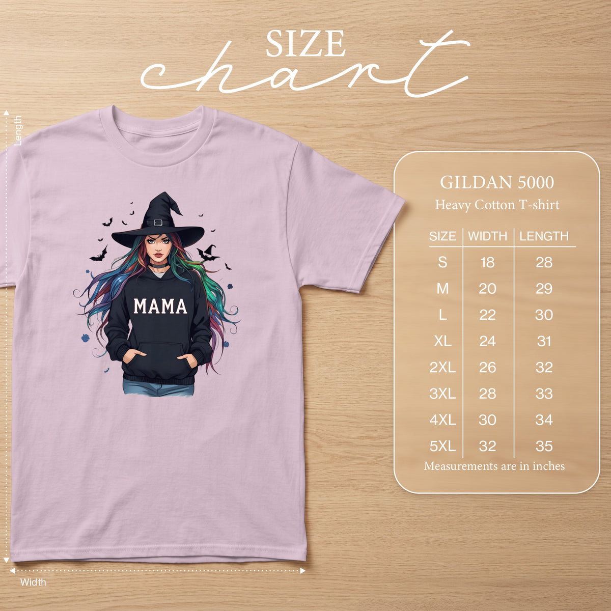 Gildan 5000 size chart for heavy cotton t-shirt, featuring "MAMA" witch graphic.