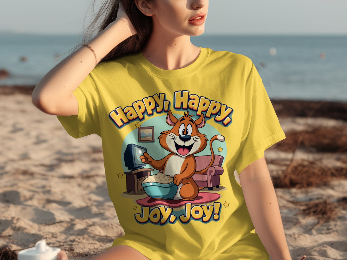 Happy Happy Joy Joy Cat Cartoon Print T-Shirt