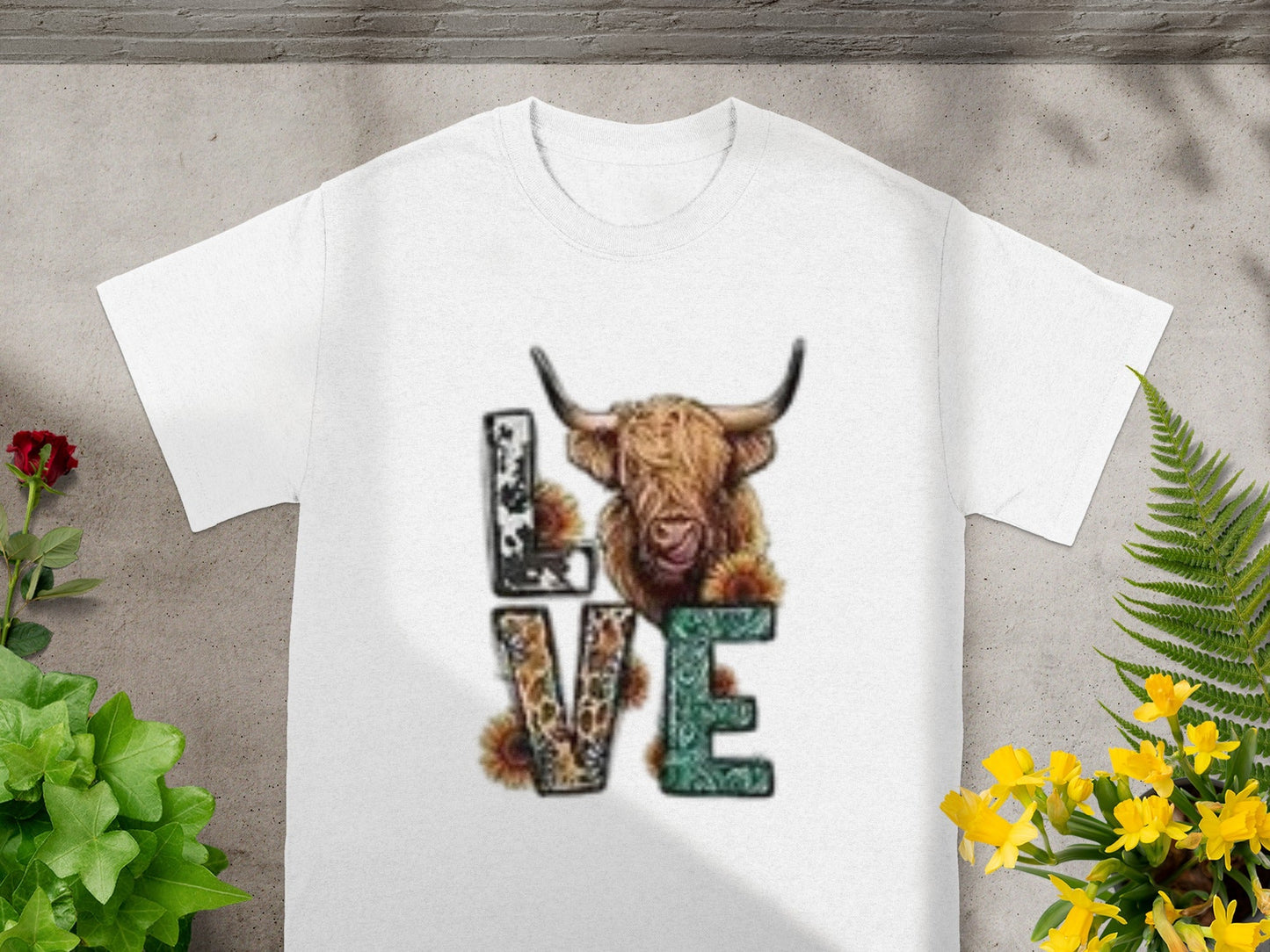 Love Highland Cow Floral Design White T-shirt