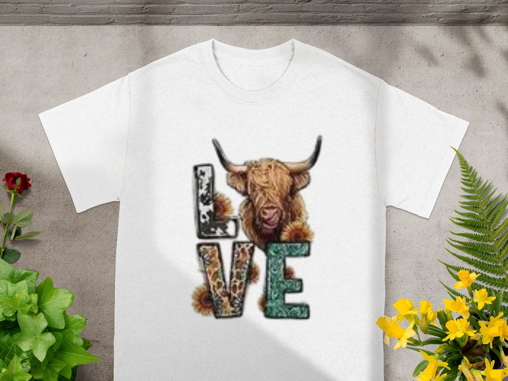 Love Highland Cow Floral Design White T-shirt