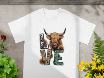 Love Highland Cow Floral Design White T-shirt