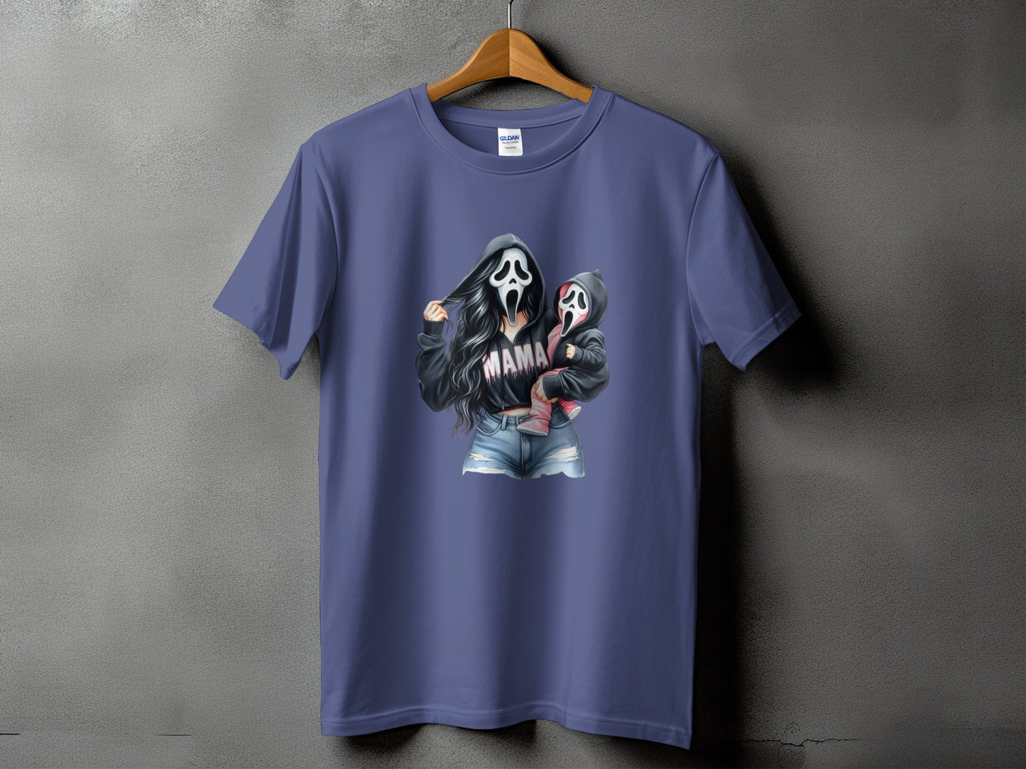 T-shirt with graphic of two figures in Ghostface masks and the word "MAMA".
