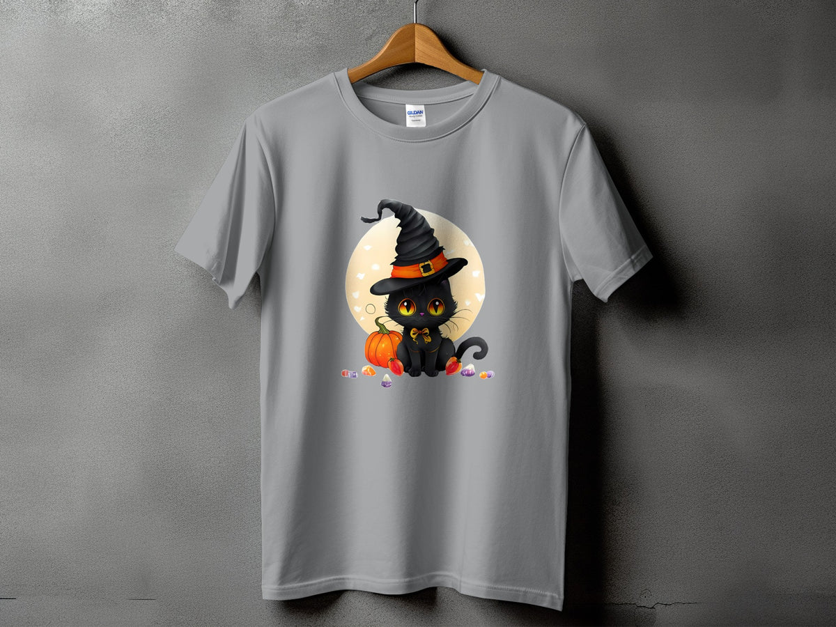 Gray t-shirt with a black cat wearing a witch hat and Halloween candy graphic.