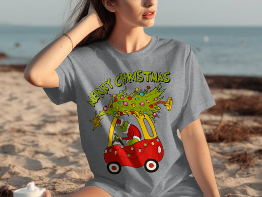 Merry Christmas Graphic with Car and Tree T-shirt