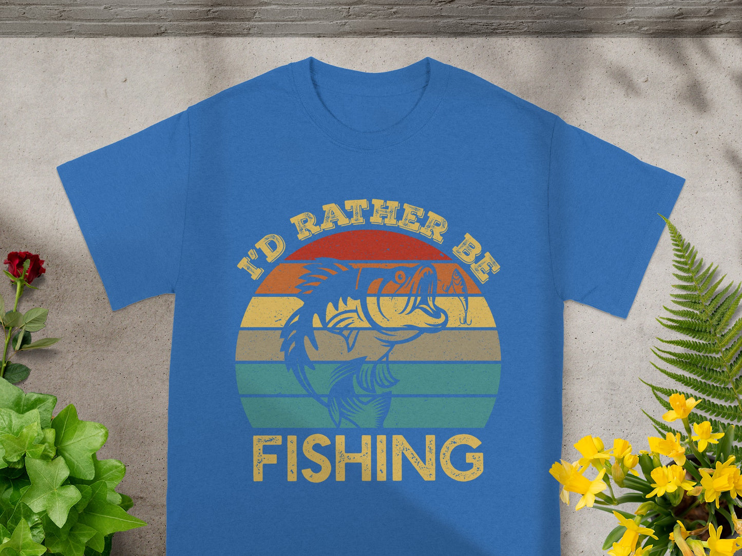 Blue t-shirt with "I'd rather be fishing" text and bass fish graphic.