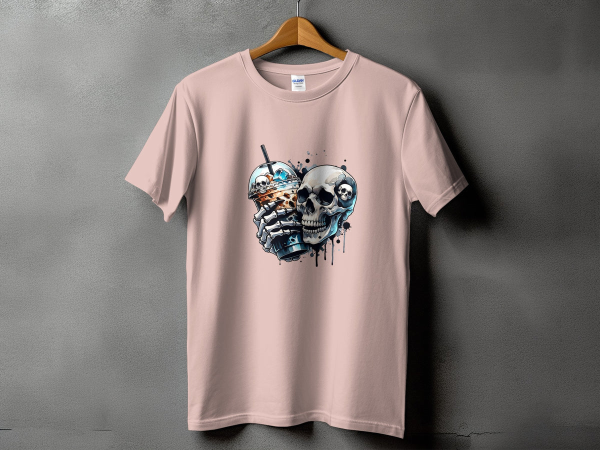T-shirt with a graphic of a skeleton holding a boba tea and a skull.
