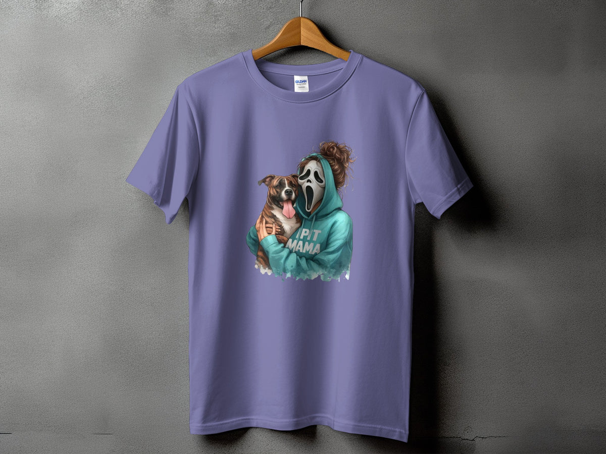 Purple t-shirt with graphic of person in Ghostface mask holding a dog, saying "PIT MAMA."