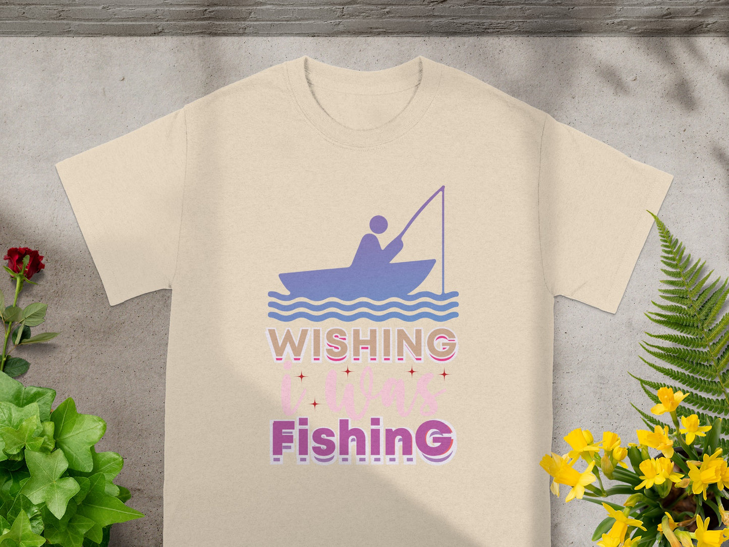 Light tan t-shirt with "Wishing Fun Fishing" text and fishing boat graphic.
