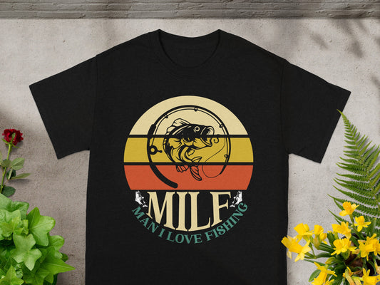 Black t-shirt with fishing graphic and "MILF Man I Love Fishing" text.