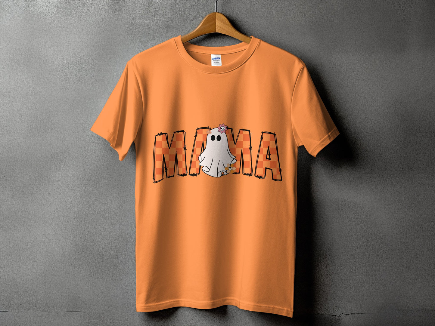 Orange t-shirt with "MAMA" text and a ghost graphic.