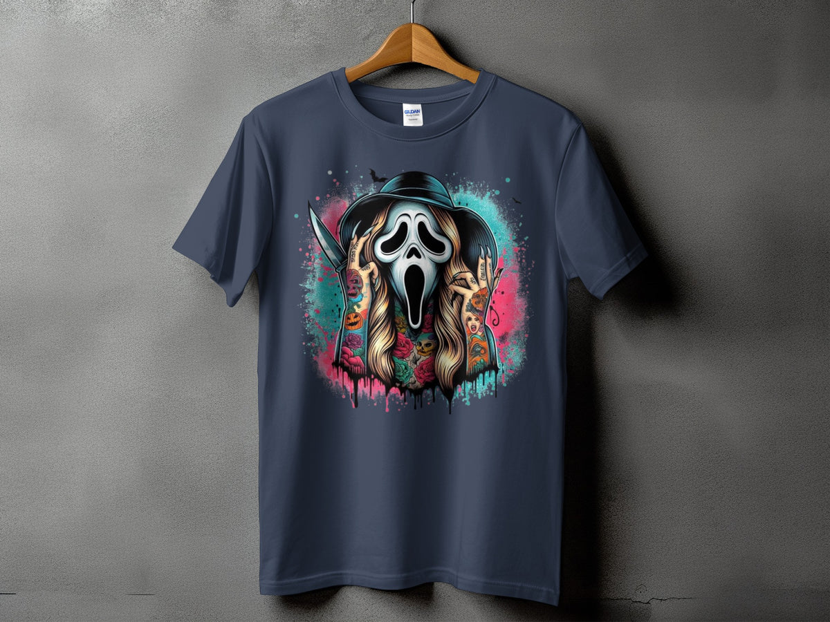 Dark t-shirt with graphic of a scream mask character with tattoos and knife.