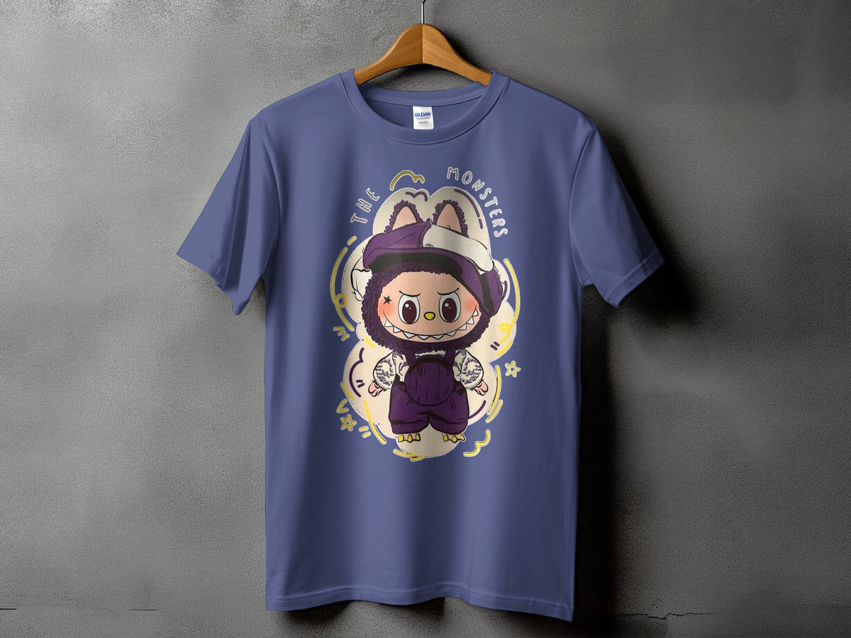 Purple t-shirt with graphic of a furry monster wearing overalls and a hat.