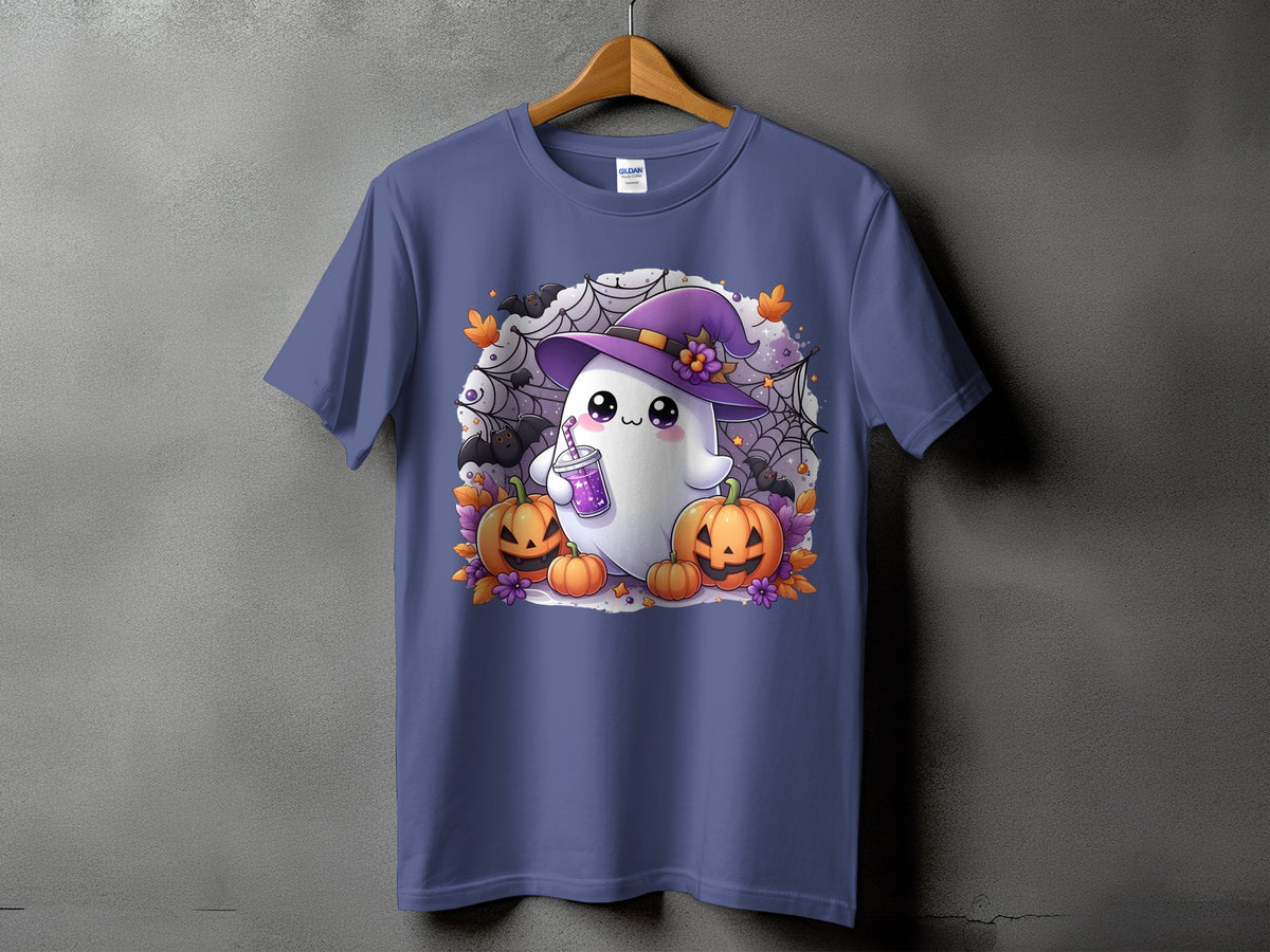 Cute ghost in witch hat with pumpkins, bats, and spiderwebs on a purple t-shirt.