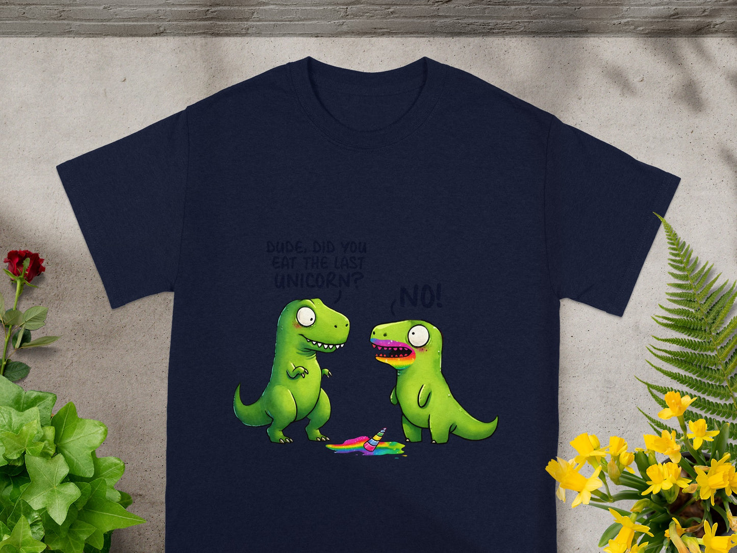 Two green dinosaurs stand near a melted rainbow unicorn, one asking "NO!".