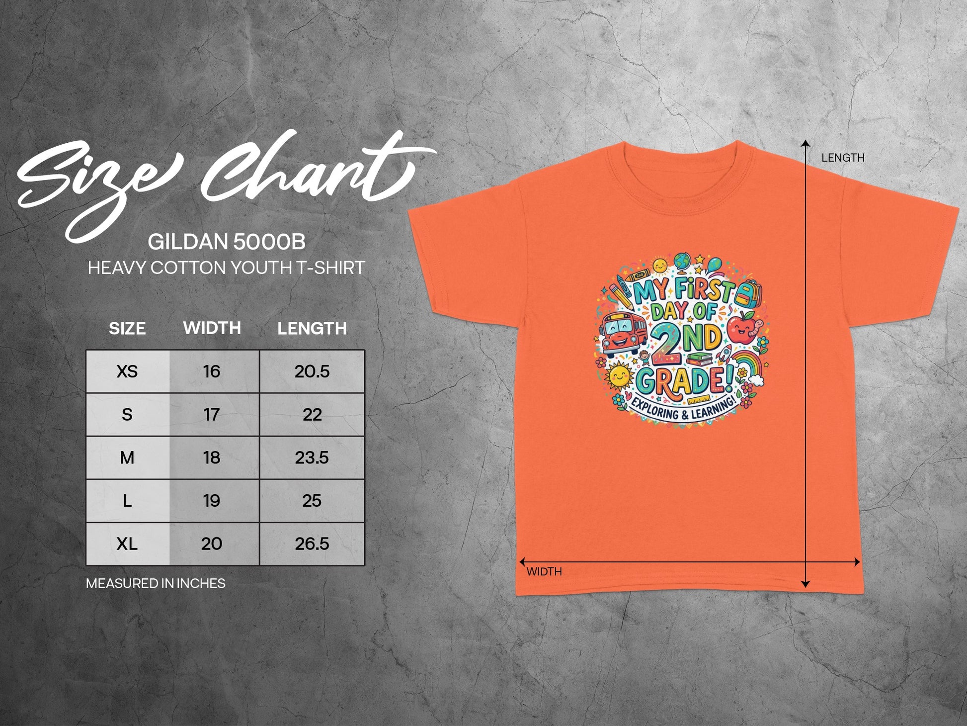 Gildan 5000B youth t-shirt size chart with "My First Day of 2nd Grade!" graphic.