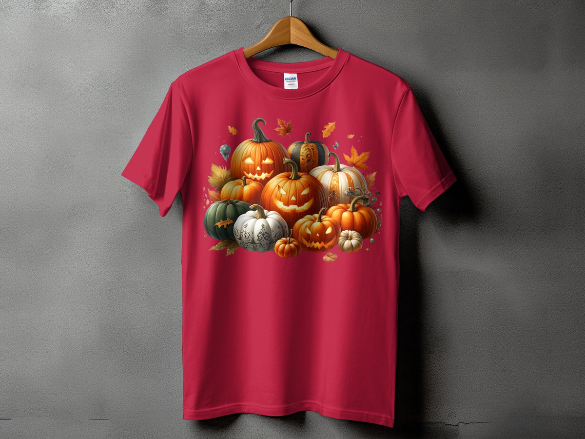 Red t-shirt with a graphic of various carved and decorated pumpkins for Halloween.