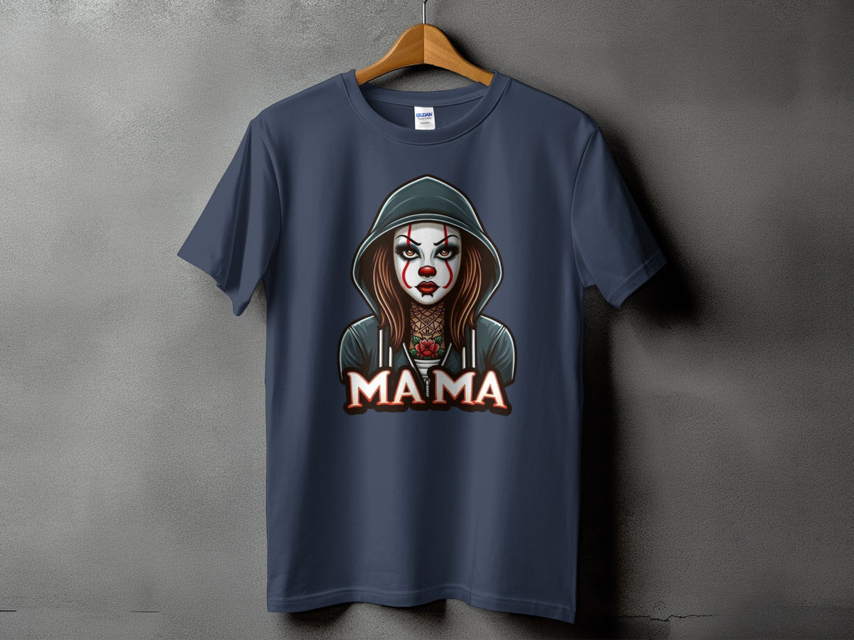 Dark blue t-shirt with a clown illustration and "MAMA" text.